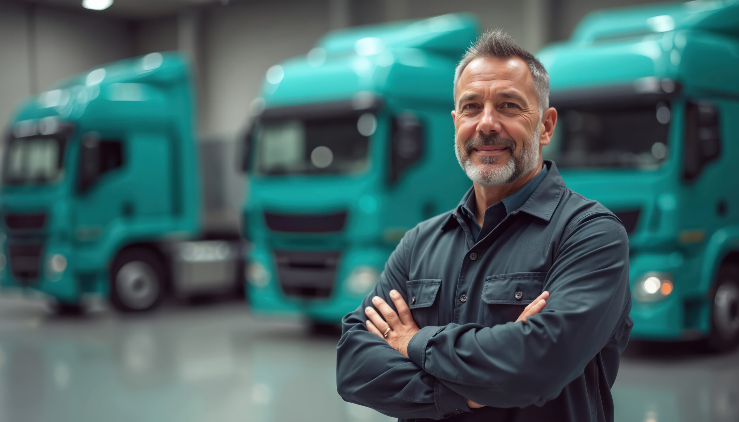 Warehouse manager stands confidently near fleet of blue trucks. Mature entrepreneur poses against backdrop of commercial transport vehicles. Trucking company owner showing, distribution business