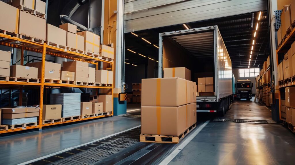 Boxes being packed and loaded onto a large truck outside a warehouse, illustrating secure housing in inventory protection and safe transportation of goods.