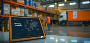 Dedicated fleet delivery tracking system on a tablet in a warehouse with a freight truck in the background