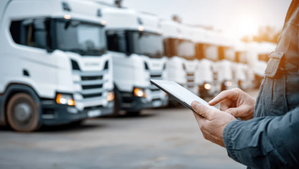 Dedicated fleet manager using a tablet in front of a lineup of white freight trucks ready for dispatch