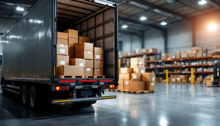 LTL shipping in Arizona with a freight truck loaded with consolidated boxes inside a warehouse