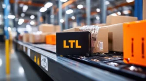 LTL shipping in Arizona with labeled packages moving along a warehouse conveyor belt