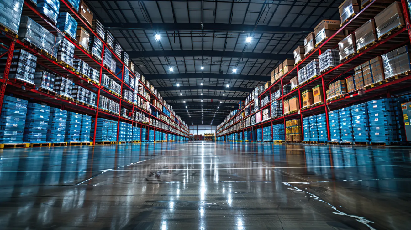 Interior of a climate-controlled warehousing facility with stacked inventory on red shelving racks