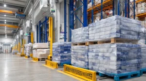 Pallets of wrapped temperature-sensitive inventory stored inside a climate-controlled warehouse facility