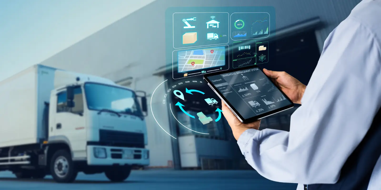 Logistics manager using tablet with transportation technology to reduce logistics costs and track deliveries.