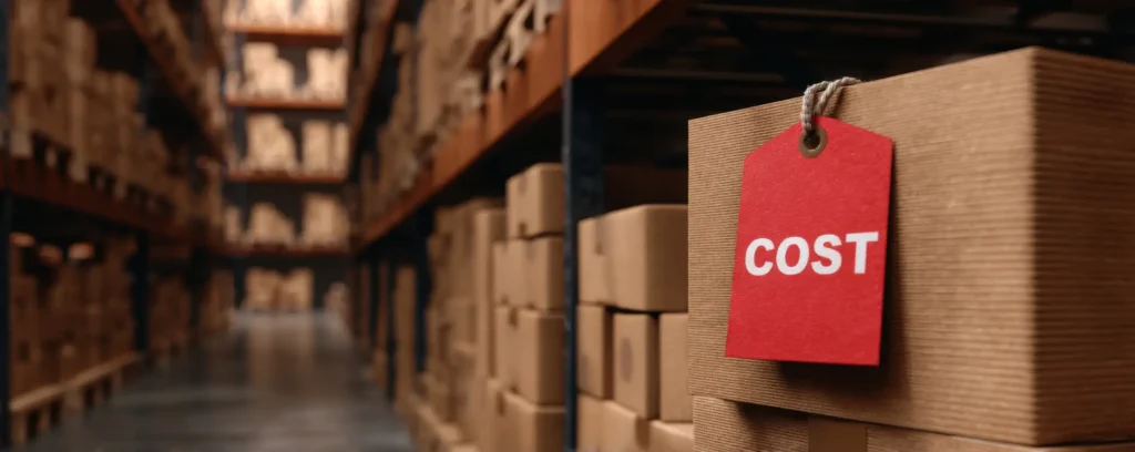 Warehouse boxes with a cost tag, representing how to reduce logistics costs through efficient storage.