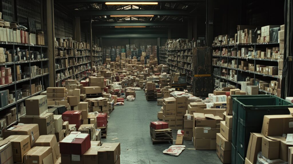 A cluttered warehouse filled with stacked boxes and disorganized items, a sign a business has outgrown in-house fulfillment