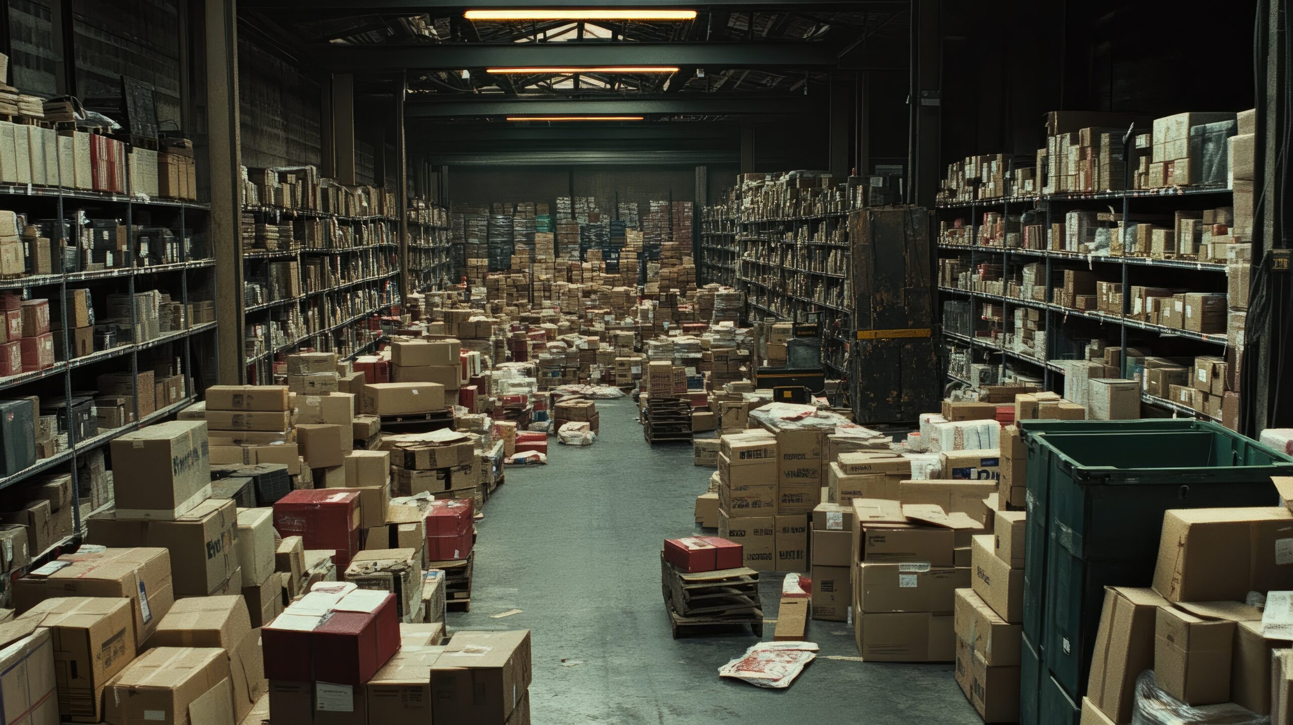 A cluttered warehouse filled with stacked boxes and disorganized items, a sign a business has outgrown in-house fulfillment