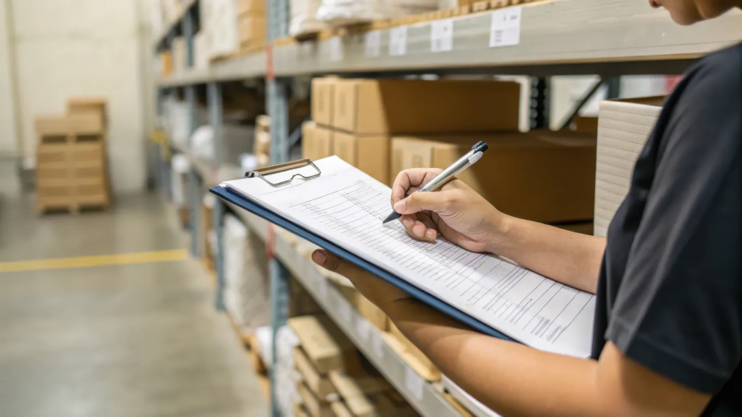 Worker manually checking inventory on a clipboard in a warehouse