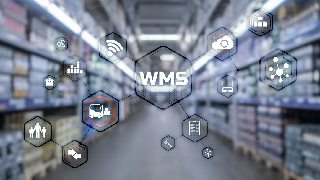 Real-time WMS inventory visibility icons connected in a warehouse aisle