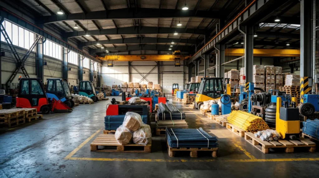 Industrial warehouse floor with forklifts and palletized materials, showing supply chain solutions for industrial suppliers at scale